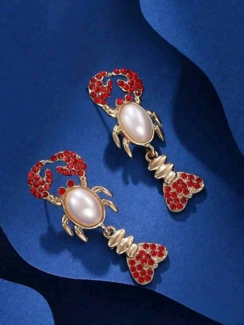NEW! Stunning Gold Red Sparkly Crystal Crab Earrings with Pearl Center Accent